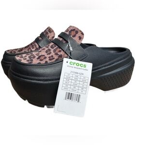 CROCS Women's Leopard Print Mules - Black and Brown